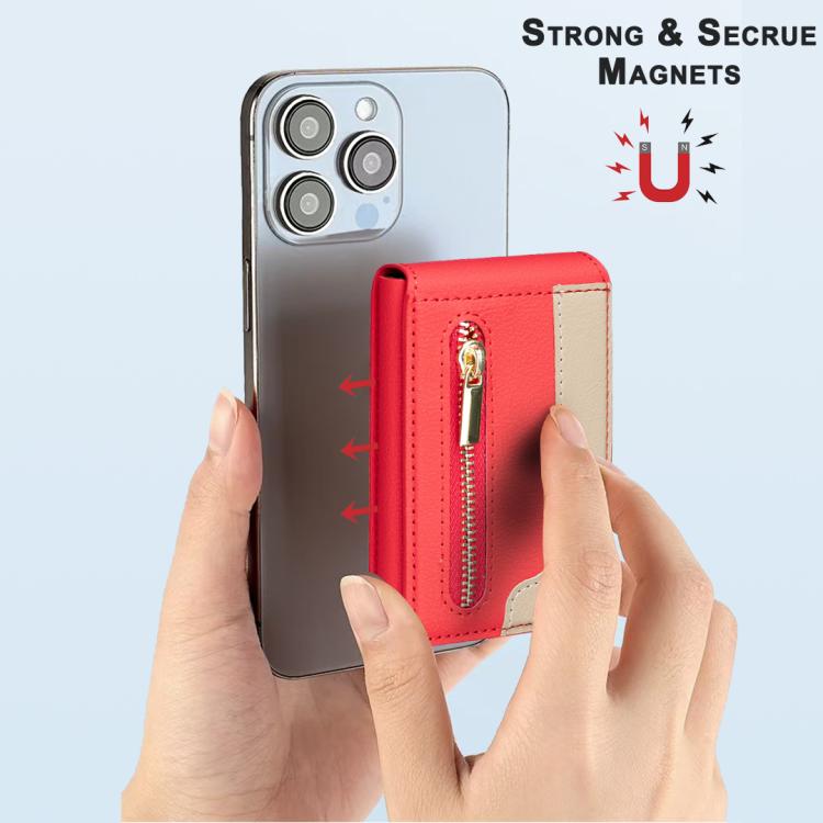 BFK31 Colorblock Zipper MagSafe Magnetic Leather Card Bag(Red) - Adhesive Card Holders by buy2fix | Online Shopping UK | buy2fix