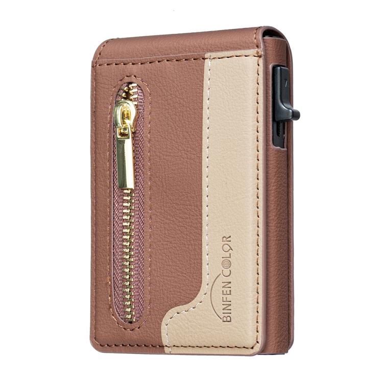BFK31 Colorblock Zipper MagSafe Magnetic Leather Card Bag(Brown) - Adhesive Card Holders by buy2fix | Online Shopping UK | buy2fix