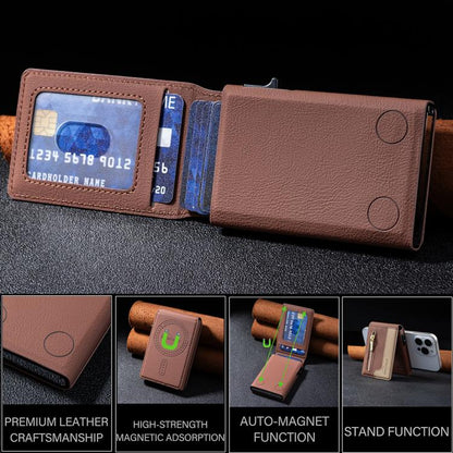 BFK31 Colorblock Zipper MagSafe Magnetic Leather Card Bag(Brown) - Adhesive Card Holders by buy2fix | Online Shopping UK | buy2fix