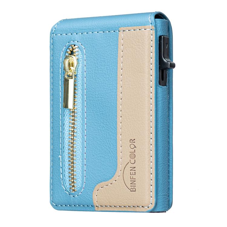 BFK31 Colorblock Zipper MagSafe Magnetic Leather Card Bag(Light Blue) - Adhesive Card Holders by buy2fix | Online Shopping UK | buy2fix