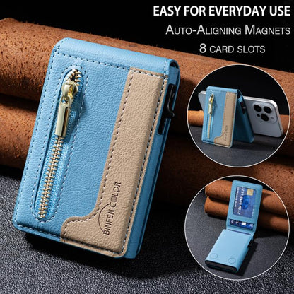 BFK31 Colorblock Zipper MagSafe Magnetic Leather Card Bag(Light Blue) - Adhesive Card Holders by buy2fix | Online Shopping UK | buy2fix