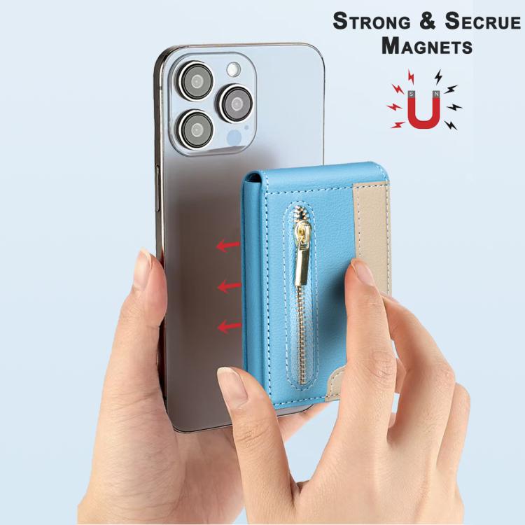 BFK31 Colorblock Zipper MagSafe Magnetic Leather Card Bag(Light Blue) - Adhesive Card Holders by buy2fix | Online Shopping UK | buy2fix