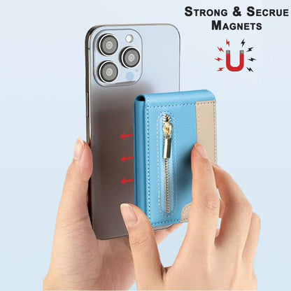 BFK31 Colorblock Zipper MagSafe Magnetic Leather Card Bag(Light Blue) - Adhesive Card Holders by buy2fix | Online Shopping UK | buy2fix