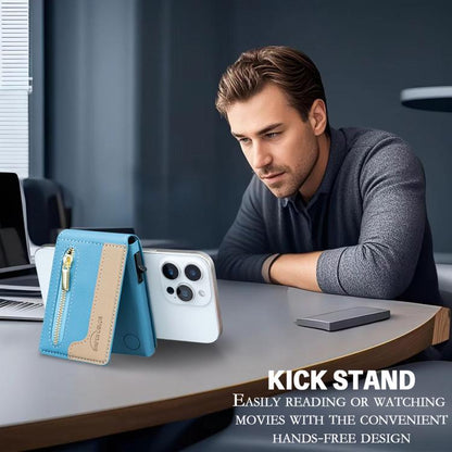 BFK31 Colorblock Zipper MagSafe Magnetic Leather Card Bag(Light Blue) - Adhesive Card Holders by buy2fix | Online Shopping UK | buy2fix