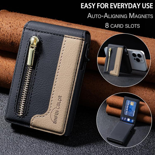 BFK31 Colorblock Zipper MagSafe Magnetic Leather Card Bag(Black) - Adhesive Card Holders by buy2fix | Online Shopping UK | buy2fix