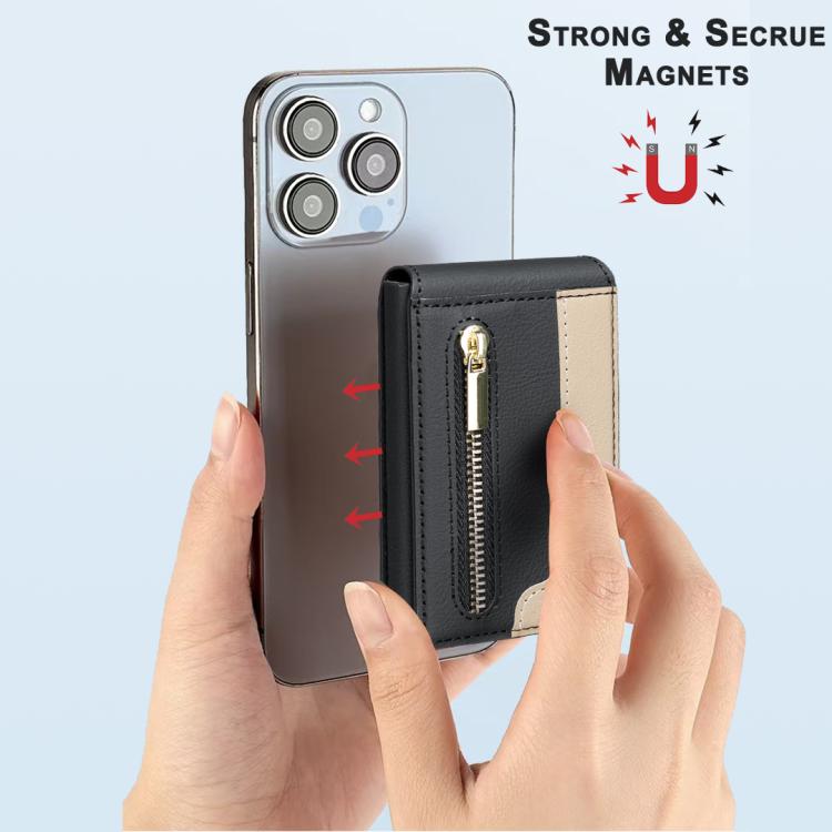 BFK31 Colorblock Zipper MagSafe Magnetic Leather Card Bag(Black) - Adhesive Card Holders by buy2fix | Online Shopping UK | buy2fix