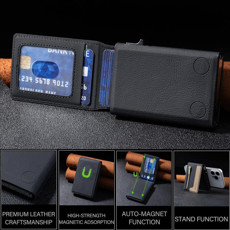 BFK31 Colorblock Zipper MagSafe Magnetic Leather Card Bag(Black) - Adhesive Card Holders by buy2fix | Online Shopping UK | buy2fix