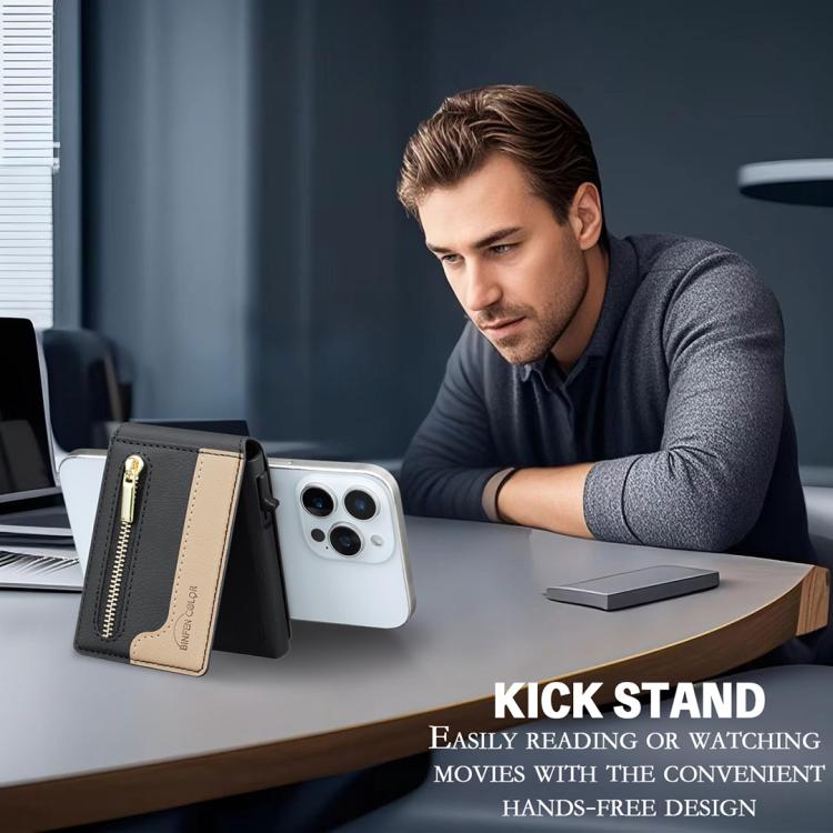 BFK31 Colorblock Zipper MagSafe Magnetic Leather Card Bag(Black) - Adhesive Card Holders by buy2fix | Online Shopping UK | buy2fix