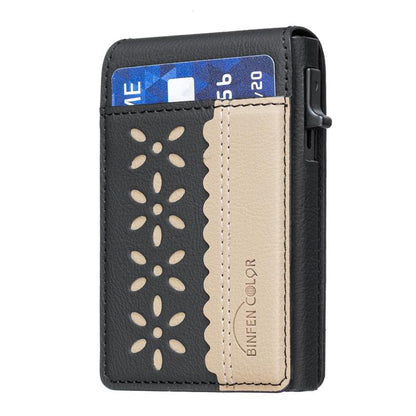 BFK30 Colorblock Flowers Magsafe Magnetic Leather Card Bag(Black) - Adhesive Card Holders by buy2fix | Online Shopping UK | buy2fix