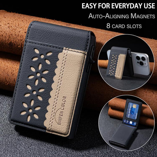 BFK30 Colorblock Flowers Magsafe Magnetic Leather Card Bag(Black) - Adhesive Card Holders by buy2fix | Online Shopping UK | buy2fix