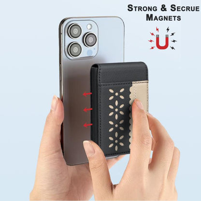 BFK30 Colorblock Flowers Magsafe Magnetic Leather Card Bag(Black) - Adhesive Card Holders by buy2fix | Online Shopping UK | buy2fix