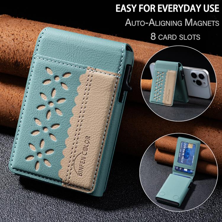 BFK30 Colorblock Flowers Magsafe Magnetic Leather Card Bag(Green) - Adhesive Card Holders by buy2fix | Online Shopping UK | buy2fix