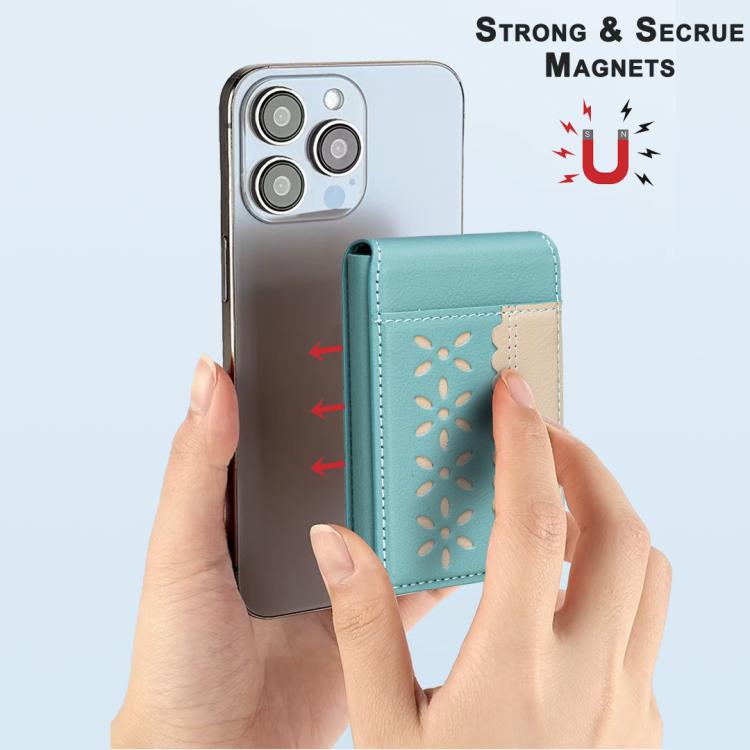 BFK30 Colorblock Flowers Magsafe Magnetic Leather Card Bag(Green) - Adhesive Card Holders by buy2fix | Online Shopping UK | buy2fix