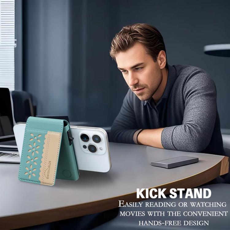 BFK30 Colorblock Flowers Magsafe Magnetic Leather Card Bag(Green) - Adhesive Card Holders by buy2fix | Online Shopping UK | buy2fix