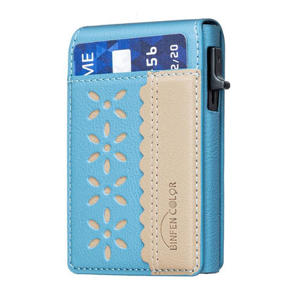 BFK30 Colorblock Flowers Magsafe Magnetic Leather Card Bag(Light Blue) - Adhesive Card Holders by buy2fix | Online Shopping UK | buy2fix