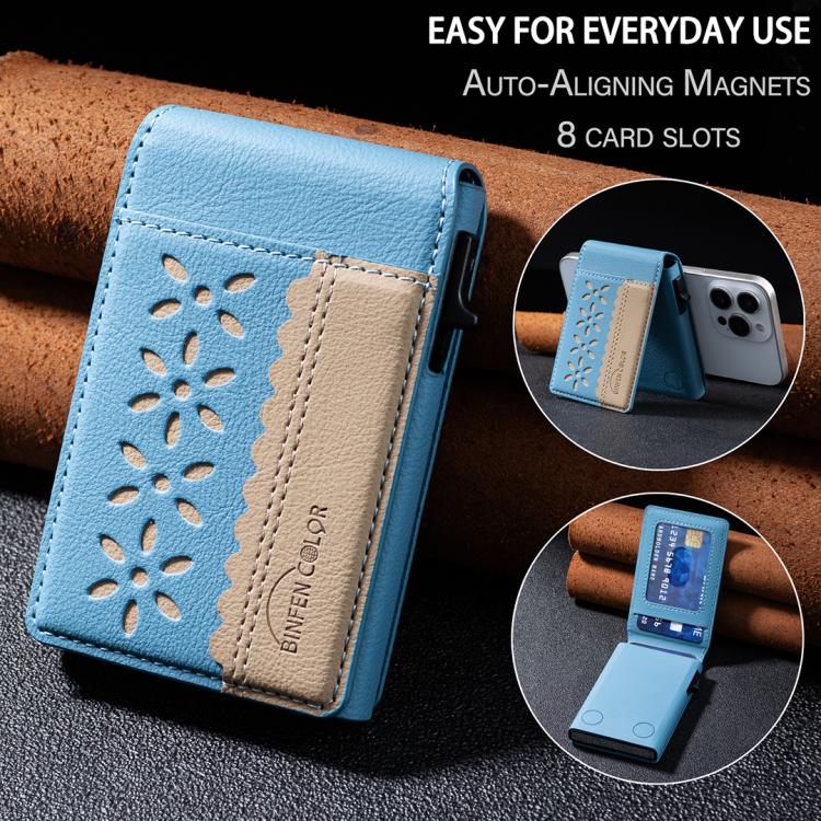 BFK30 Colorblock Flowers Magsafe Magnetic Leather Card Bag(Light Blue) - Adhesive Card Holders by buy2fix | Online Shopping UK | buy2fix