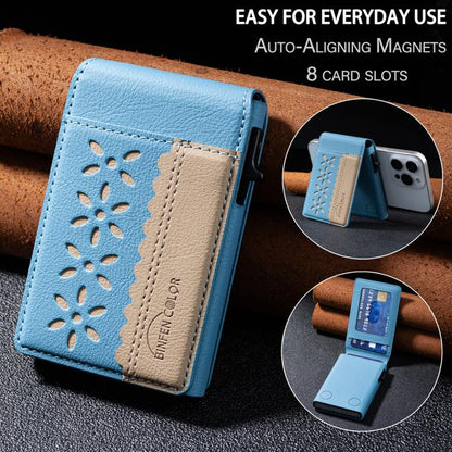 BFK30 Colorblock Flowers Magsafe Magnetic Leather Card Bag(Light Blue) - Adhesive Card Holders by buy2fix | Online Shopping UK | buy2fix