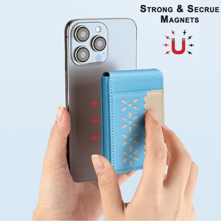 BFK30 Colorblock Flowers Magsafe Magnetic Leather Card Bag(Light Blue) - Adhesive Card Holders by buy2fix | Online Shopping UK | buy2fix