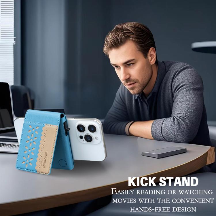 BFK30 Colorblock Flowers Magsafe Magnetic Leather Card Bag(Light Blue) - Adhesive Card Holders by buy2fix | Online Shopping UK | buy2fix