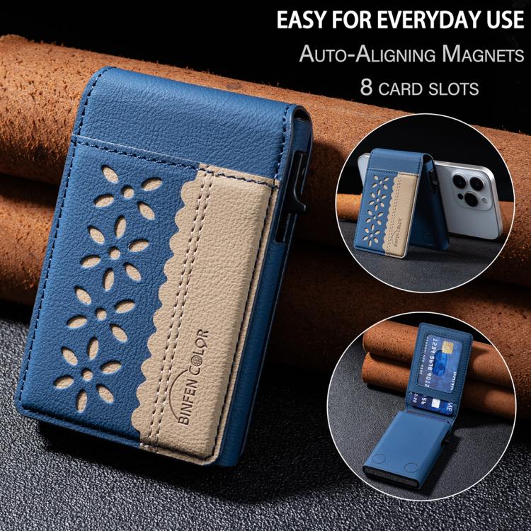 BFK30 Colorblock Flowers Magsafe Magnetic Leather Card Bag(Dark Blue) - Adhesive Card Holders by buy2fix | Online Shopping UK | buy2fix