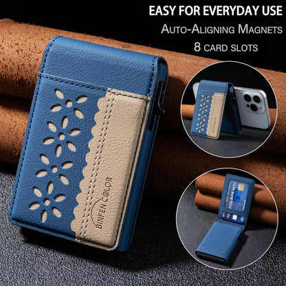 BFK30 Colorblock Flowers Magsafe Magnetic Leather Card Bag(Dark Blue) - Adhesive Card Holders by buy2fix | Online Shopping UK | buy2fix