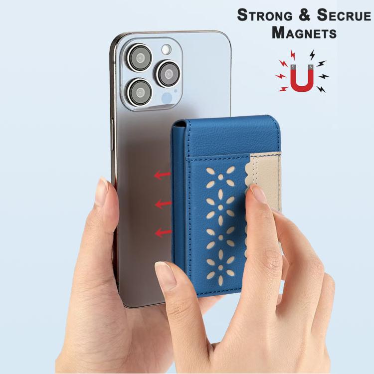 BFK30 Colorblock Flowers Magsafe Magnetic Leather Card Bag(Dark Blue) - Adhesive Card Holders by buy2fix | Online Shopping UK | buy2fix