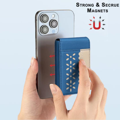 BFK30 Colorblock Flowers Magsafe Magnetic Leather Card Bag(Dark Blue) - Adhesive Card Holders by buy2fix | Online Shopping UK | buy2fix