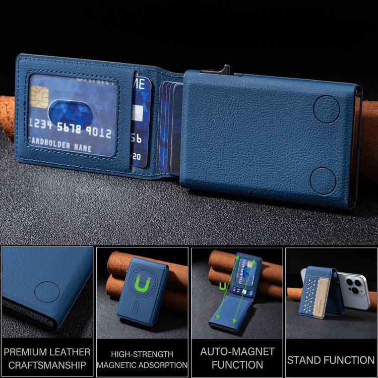 BFK30 Colorblock Flowers Magsafe Magnetic Leather Card Bag(Dark Blue) - Adhesive Card Holders by buy2fix | Online Shopping UK | buy2fix