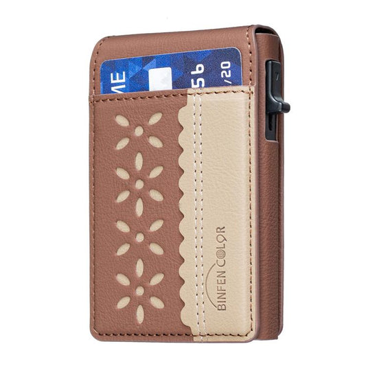 BFK30 Colorblock Flowers Magsafe Magnetic Leather Card Bag(Brown) - Adhesive Card Holders by buy2fix | Online Shopping UK | buy2fix