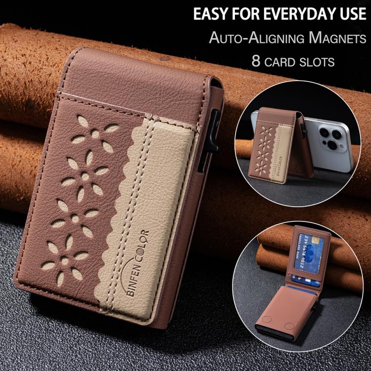 BFK30 Colorblock Flowers Magsafe Magnetic Leather Card Bag(Brown) - Adhesive Card Holders by buy2fix | Online Shopping UK | buy2fix