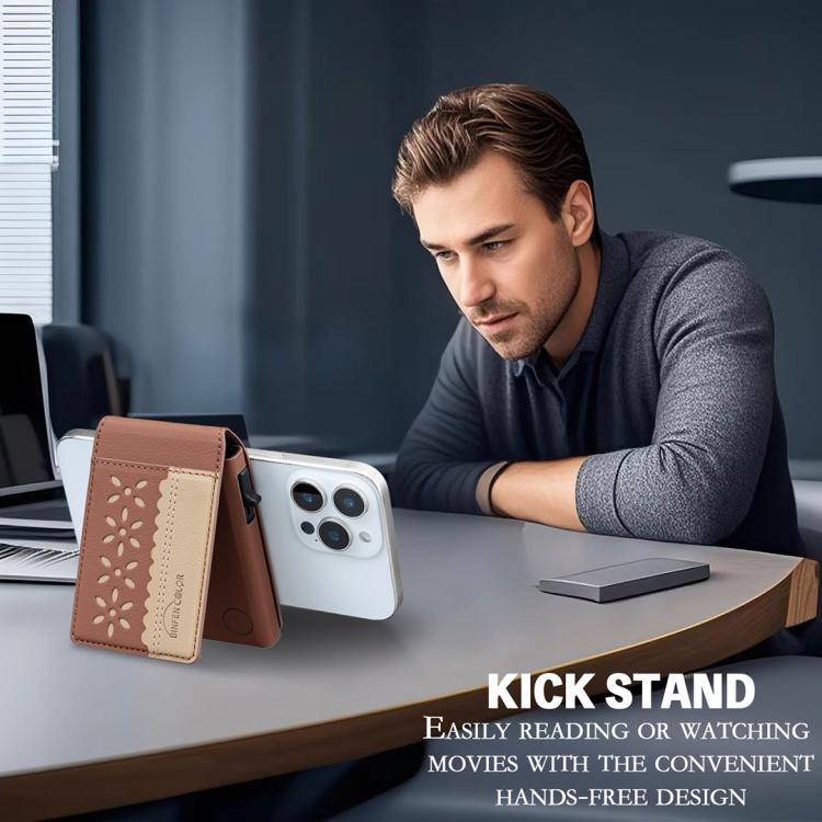 BFK30 Colorblock Flowers Magsafe Magnetic Leather Card Bag(Brown) - Adhesive Card Holders by buy2fix | Online Shopping UK | buy2fix