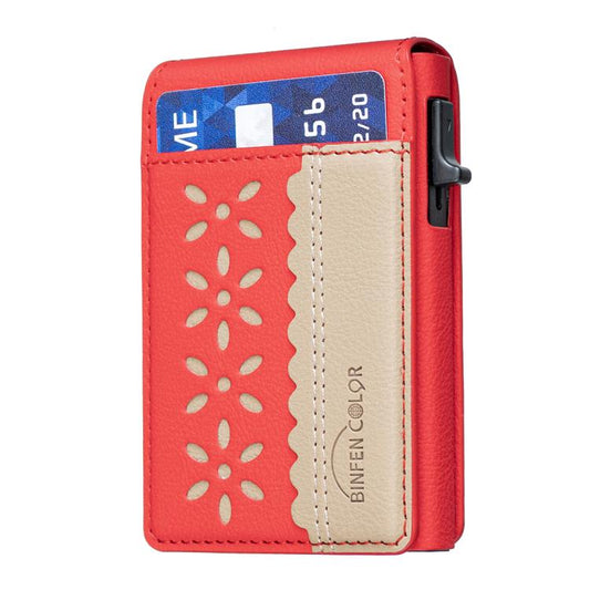 BFK30 Colorblock Flowers Magsafe Magnetic Leather Card Bag(Red) - Adhesive Card Holders by buy2fix | Online Shopping UK | buy2fix