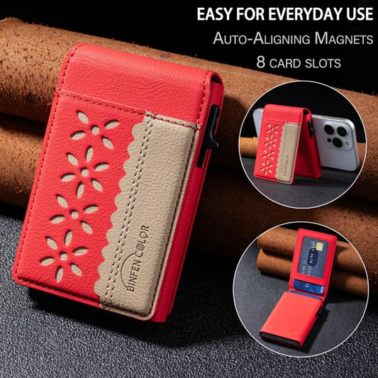 BFK30 Colorblock Flowers Magsafe Magnetic Leather Card Bag(Red) - Adhesive Card Holders by buy2fix | Online Shopping UK | buy2fix