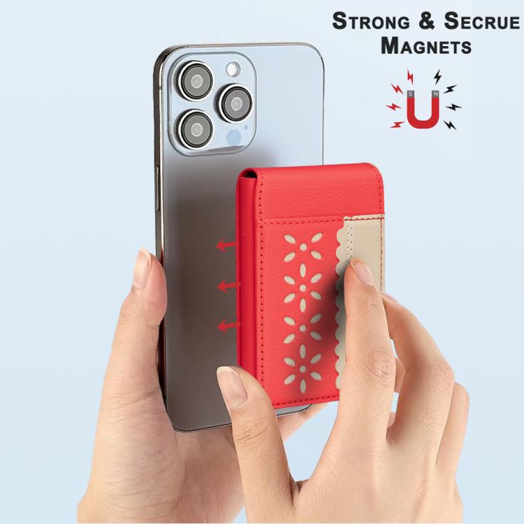 BFK30 Colorblock Flowers Magsafe Magnetic Leather Card Bag(Red) - Adhesive Card Holders by buy2fix | Online Shopping UK | buy2fix