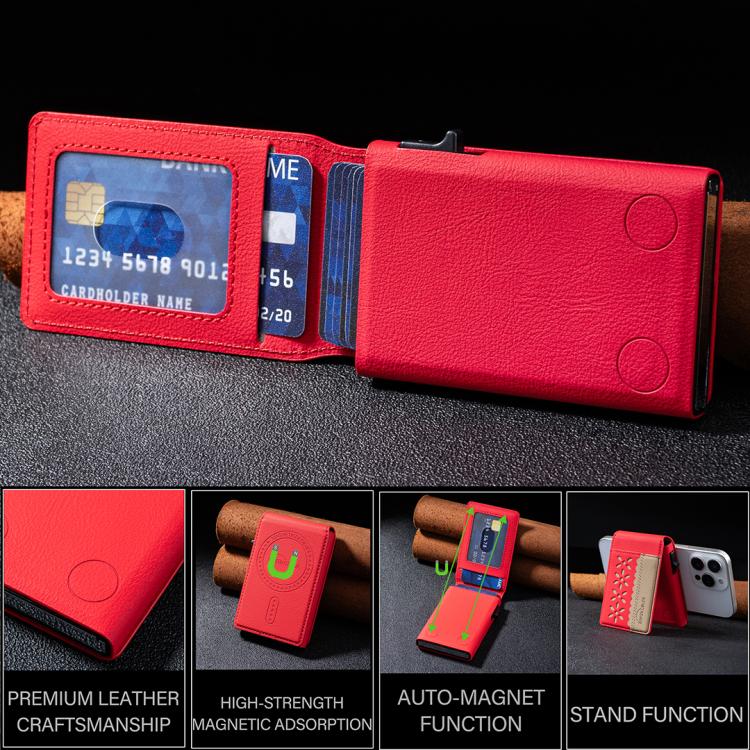 BFK30 Colorblock Flowers Magsafe Magnetic Leather Card Bag(Red) - Adhesive Card Holders by buy2fix | Online Shopping UK | buy2fix