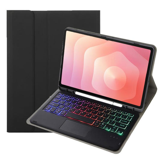 For Samsung Galaxy Tab S11 Candy Color Touch Backlight Bluetooth Keyboard Leather Tablet Case with Pen Holder(Black)
