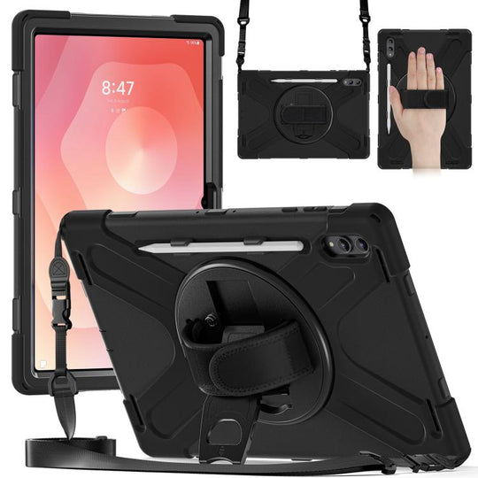 For Samsung Galaxy Tab S11 Ultra Rotatable Holder Silicone Hybrid PC Tablet Case with Shoulder Strap(Black)