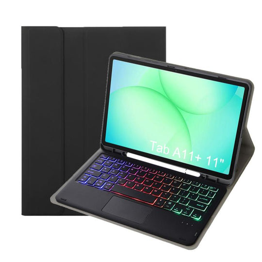 For Samsung Galaxy Tab A11+ Candy Color Touch Backlight Bluetooth Keyboard Leather Tablet Case with Pen Holder(Black)