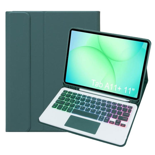 For Samsung Galaxy Tab A11+ Candy Color Touch Backlight Bluetooth Keyboard Leather Tablet Case with Pen Holder(Dark Green)