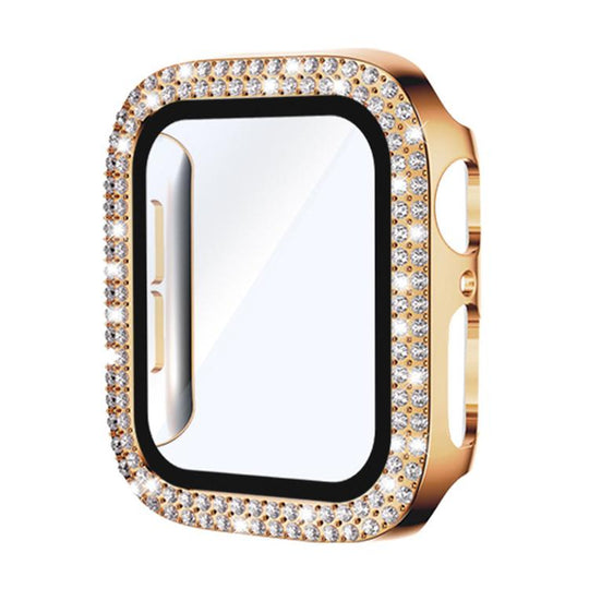 For Apple Watch Series 9 / 8 / 7 45mm xDfind Double Row Diamond Tempered Glass Film Integrated PC Watch Cover(Rose Gold)