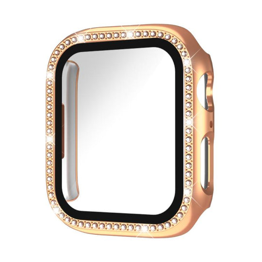 For Apple Watch Series 11 46mm / 10 46mm xDfind Single Row Diamond Tempered Glass Film Integrated PC Watch Case(Rose Gold)