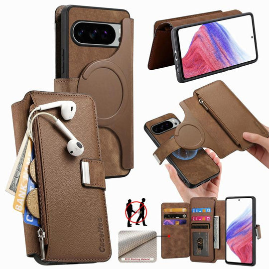 For Google Pixel 10 Pro XL / 9 Pro XL CaseNeo MagSafe RFID Anti-theft Zipper Wallet Retro Leather Phone Case(Brown)