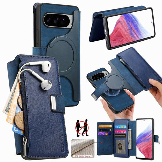 For Google Pixel 10 Pro XL / 9 Pro XL CaseNeo MagSafe RFID Anti-theft Zipper Wallet Retro Leather Phone Case(Blue)