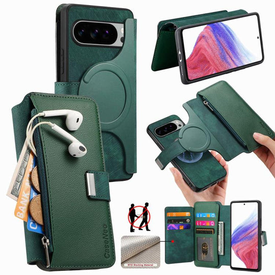 For Google Pixel 10 Pro XL / 9 Pro XL CaseNeo MagSafe RFID Anti-theft Zipper Wallet Retro Leather Phone Case(Green)
