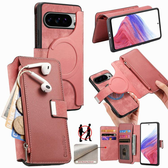 For Google Pixel 10 Pro XL / 9 Pro XL CaseNeo MagSafe RFID Anti-theft Zipper Wallet Retro Leather Phone Case(Pink)