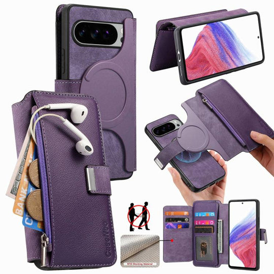 For Google Pixel 10 Pro XL / 9 Pro XL CaseNeo MagSafe RFID Anti-theft Zipper Wallet Retro Leather Phone Case(Purple)
