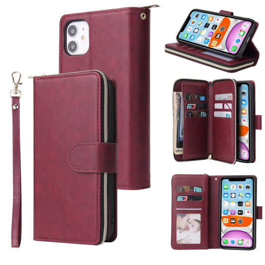 For iPhone 11 Zipper Wallet Bag Horizontal Flip PU Leather Case with Holder & 9 Card Slots & Wallet & Lanyard & Photo Frame(Wine Red) - iPhone 11 Cases by buy2fix | Online Shopping UK | buy2fix