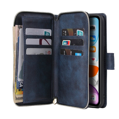 For iPhone 11 Zipper Wallet Bag Horizontal Flip PU Leather Case with Holder & 9 Card Slots & Wallet & Lanyard & Photo Frame(Blue) - iPhone 11 Cases by buy2fix | Online Shopping UK | buy2fix