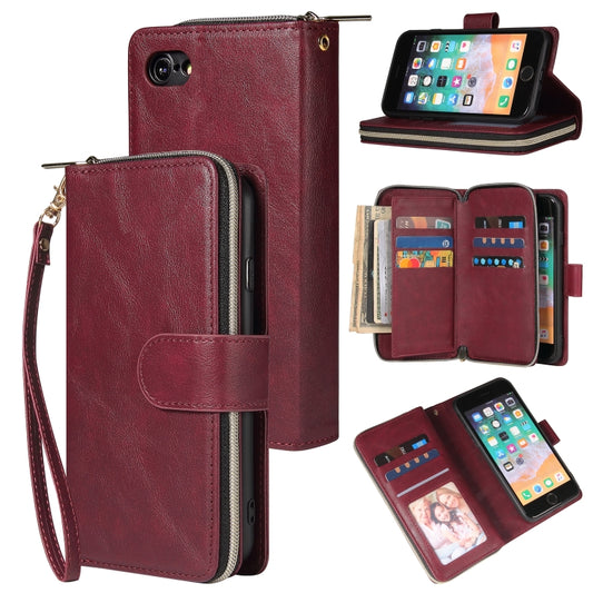 For iPhone SE 2022 / SE 2020 / 8 / 7 Zipper Wallet Bag Horizontal Flip PU Leather Case with Holder & 9 Card Slots & Wallet & Lanyard & Photo Frame(Wine Red) - iPhone SE 2022 / 2020 / 8 / 7 Cases by buy2fix | Online Shopping UK | buy2fix