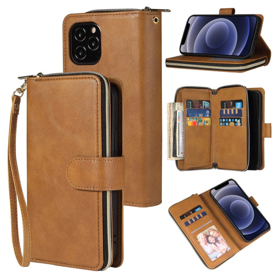 For iPhone 12 mini Zipper Wallet Bag Horizontal Flip PU Leather Case with Holder & 9 Card Slots & Wallet & Lanyard & Photo Frame(Brown) - iPhone 12 mini Cases by buy2fix | Online Shopping UK | buy2fix